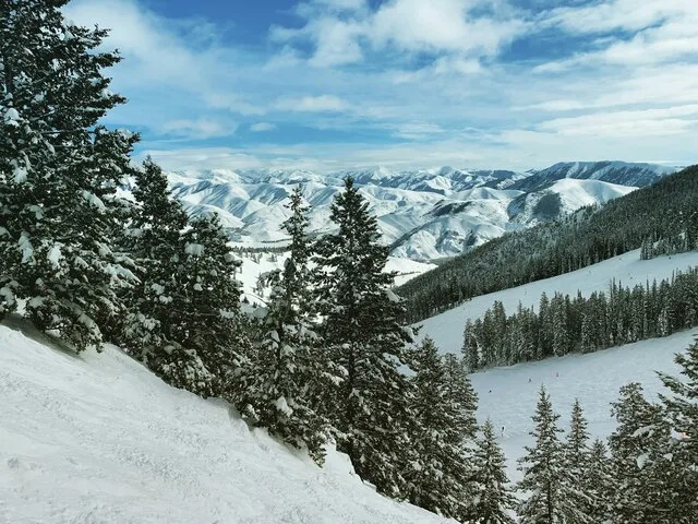 A snow-covered mountain landscape in Sun Valley, Idaho.