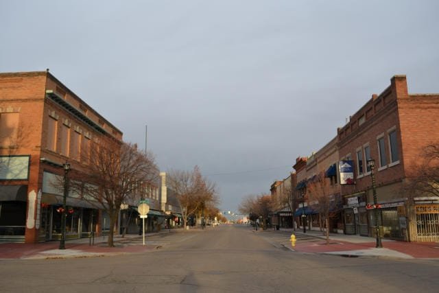 Downtown Nampa, Idaho – Local Shops and Small-Town Charm Historic brick buildings lining a quiet street in downtown Nampa, Idaho, during early morning light